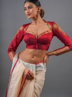 Shobitam - Maroon Pure Raw Silk Heavy Zardozi Work Stitched Blouse