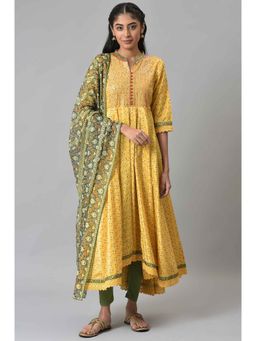 Aurelia - Yellow Floral Printed Asymmetrical Kurta With Green Leggings And Dupatta