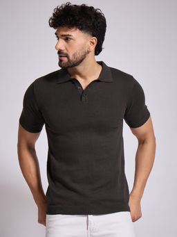 CLAPTON - Men Black Knitted Cotton Half Sleeve Polo T-Shirt