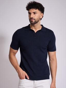 CLAPTON - Men Navy Blue Knitted Cotton Half Sleeve Polo T-Shirt
