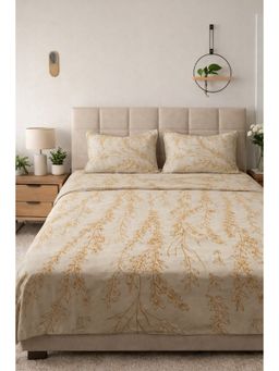 BAJO'S - Beige Floral Cotton Fitted Bedsheet (King)