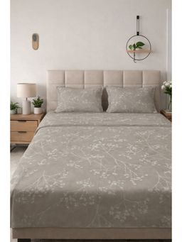BAJO'S - Beige Floral Cotton Fitted Bedsheet (King)