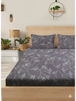 BAJO'S - Grey Floral Cotton Fitted Bedsheet (King)
