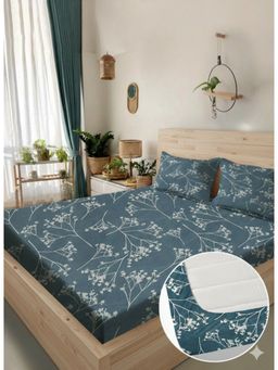 BAJO'S - Teal Floral Cotton Fitted Bedsheet (King)