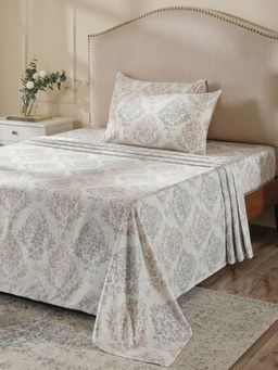 Maspar - Beige Cotton Ethnic Printed Bedsheet with 2 Pillow Covers (King)