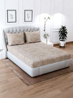 Signature - Beige Floral Super Soft Glace Cotton Bedsheet with 2 Pillow Covers (Double)
