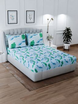 Signature - Blue Leaf Super Soft Glace Cotton Bedsheet with 2 Pillow Covers (Double)
