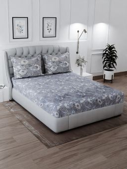 Signature - Grey Floral Super Soft Glace Cotton Bedsheet with 2 Pillow Covers (Double)
