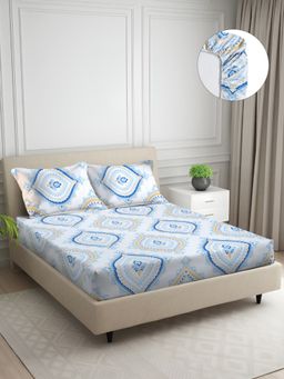 Signature - Blue Ethnic Super Soft Glace Cotton Fitted Bedsheet with 2 Pillow Covers (Double)