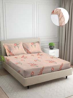 Signature - Peach Floral Super Soft Glace Cotton Fitted Bedsheet with 2 Pillow Covers (Double)