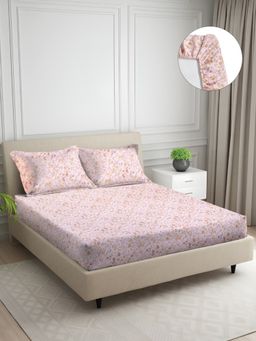 Signature - Pink Floral Super Soft Glace Cotton Fitted Bedsheet with 2 Pillow Covers (Double)