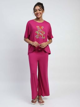 Global Republic - Poly Rayon Embroidered Round Neck Night Suit for Women Pink