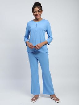 Global Republic - Polycotton Solid Round Neck Night Suit for Women Blue