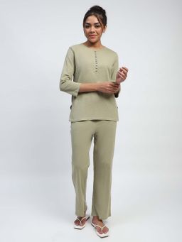 Global Republic - Polycotton Solid Round Neck Night Suit for Women Green