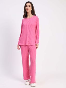 Global Republic - Polyester Blend Rib Striped Round Neck Top with Pyjama for Women Pink