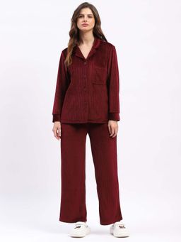 Global Republic - Velvet Suede Striped Spread Collar Night Suit for Women Wine