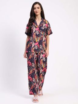 Global Republic - Muslin Floral Print Collar Neck Night Suit for Women Navy Blue