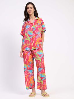 Global Republic - Muslin Floral Print Collar Neck Night Suit for Women Pink