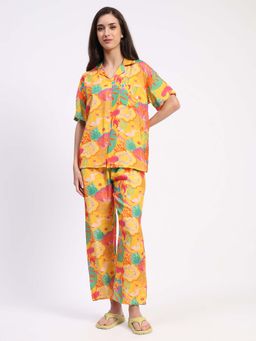 Global Republic - Muslin Floral Print Collar Neck Night Suit for Women Yellow