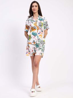 Global Republic - Modal Rayon Quirky Print Collar Neck Night Suit for Women Cream