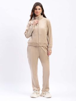 Global Republic - Velvet Suede Solid Stand Collar Night Suit for Women Beige