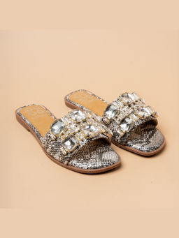 VANSON - Septum Stone Embellished Silver Flats