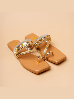 VANSON - Sunlit Embellished Strapped Gold Flats