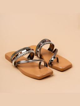 VANSON - Sunlit Embellished Strapped Grey Flats