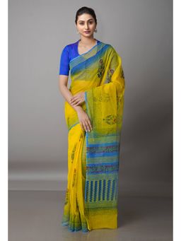 Unnati Silks - Yellow Pure Block Printed Kota Cotton Saree with Unstitched Blouse