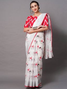 Odette - White Festive Linen Blend Printed Saree with Unstitched Blouse