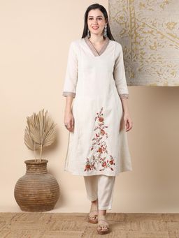 FASHOR - Solid Ethnic Resham Floral Embroidered A-Line Co-Ord - Off White (Set of 2)