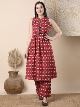 FASHOR - Ethnic Elephant Printed A-Line Pleated Co-Ord - Red (Set of 2)