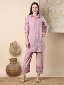 FASHOR - Solid Floral Embroidered Straight Fit Co-Ord - Lavender (Set of 2)