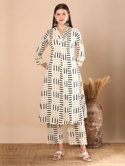 FASHOR - Abstract Geometric Printed A-Line Panelled Co-Ord - White (Set of 2)