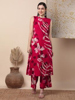 FASHOR - Abstract Floral Printed A-Line Co-Ord -Pink (Set of 2)