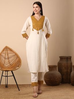 FASHOR - Solid Ethnic Mirror Embroidered Straight Fit Co-Ord - Off White (Set of 2)