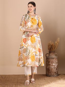 FASHOR - Abstract Floral Printed A-Line Panelled Kurta with Pant - Yellow (Set of 2)