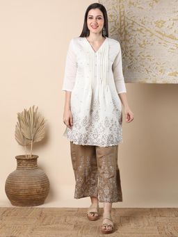 FASHOR - Solid Floral Embroidered A-Line Pleated Kurta with Pant - White (Set of 2)