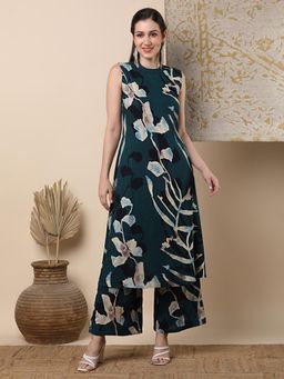 FASHOR - Abstract Floral Printed A-Line and Co-Ord -Blue (Set of 2)