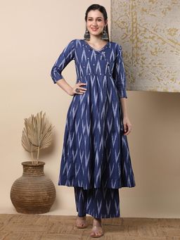 FASHOR - Ethnic Ikat Printed and Embroidered A-Line Co-Ord - Blue (Set of 2)
