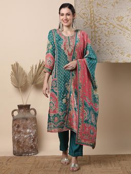FASHOR - Ethnic Floral Embroidered Straight Kurta with Pant and Dupatta - Sea Green (Set of 3)