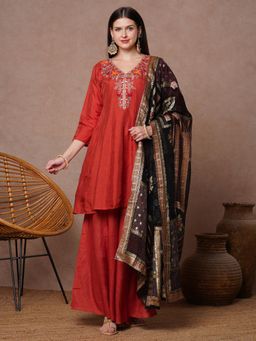 FASHOR - Floral Embroidered Anarkali Flared Kurta with Sharara and Dupatta - Rust (Set of 3)