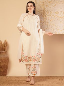 FASHOR - Floral Embroidered Straight Fit Kurta with Palazzo and Dupatta - Off White (Set of 3)