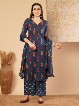 FASHOR - Ikat Printed and Embroidered Straight Kurta with Pant and Dupatta - Blue (Set of 3)