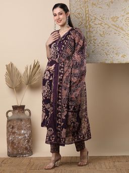 FASHOR - Floral and Embroidered Straight Kurta with Pant and Dupatta - Purple (Set of 3)