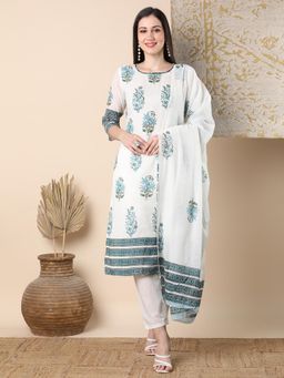 FASHOR - Ethnic Floral and Embroidered Straight Kurta with Pant and Dupatta - White (Set of 3)