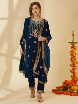 FASHOR - Floral Gota Patti Embroidered Straight Kurta with Pant and Dupatta - Teal (Set of 3)