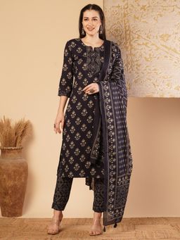 FASHOR - Floral Printed Straight Kurta with Pant and Dupatta - Black (Set of 3)