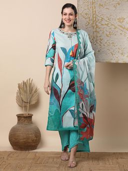FASHOR - Abstract Floral and Embroidered Straight Kurta with Pant and Dupatta - Multi (Set of 3)