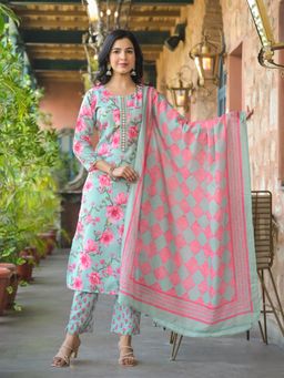 Vaamsi - Women Green Rayon Blend Floral Straight Kurta Pants With Dupatta (Set of 3)